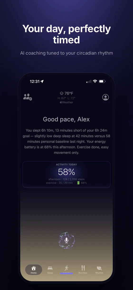 Chronotype home screen: your day, perfectly timed, with AI coaching tuned to your circadian rhythm.
